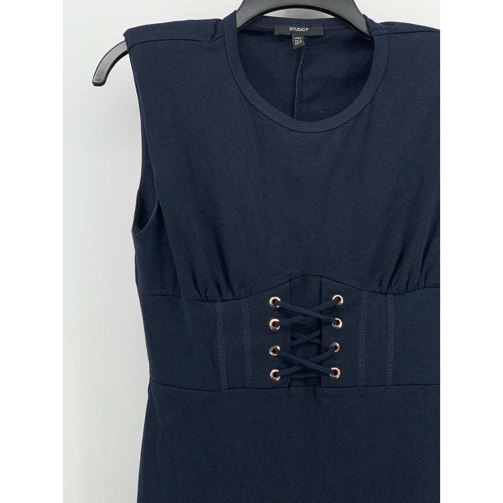 STUDIO F Women's Navy Blue Crewneck Shoulder Padded Sleeveless Corset Dress SZ 4