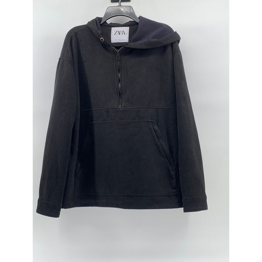 ZARA Men's Black Faux-Suede Pullover Half-Zip Long Sleeve Hooded Sweater SZ L-XL