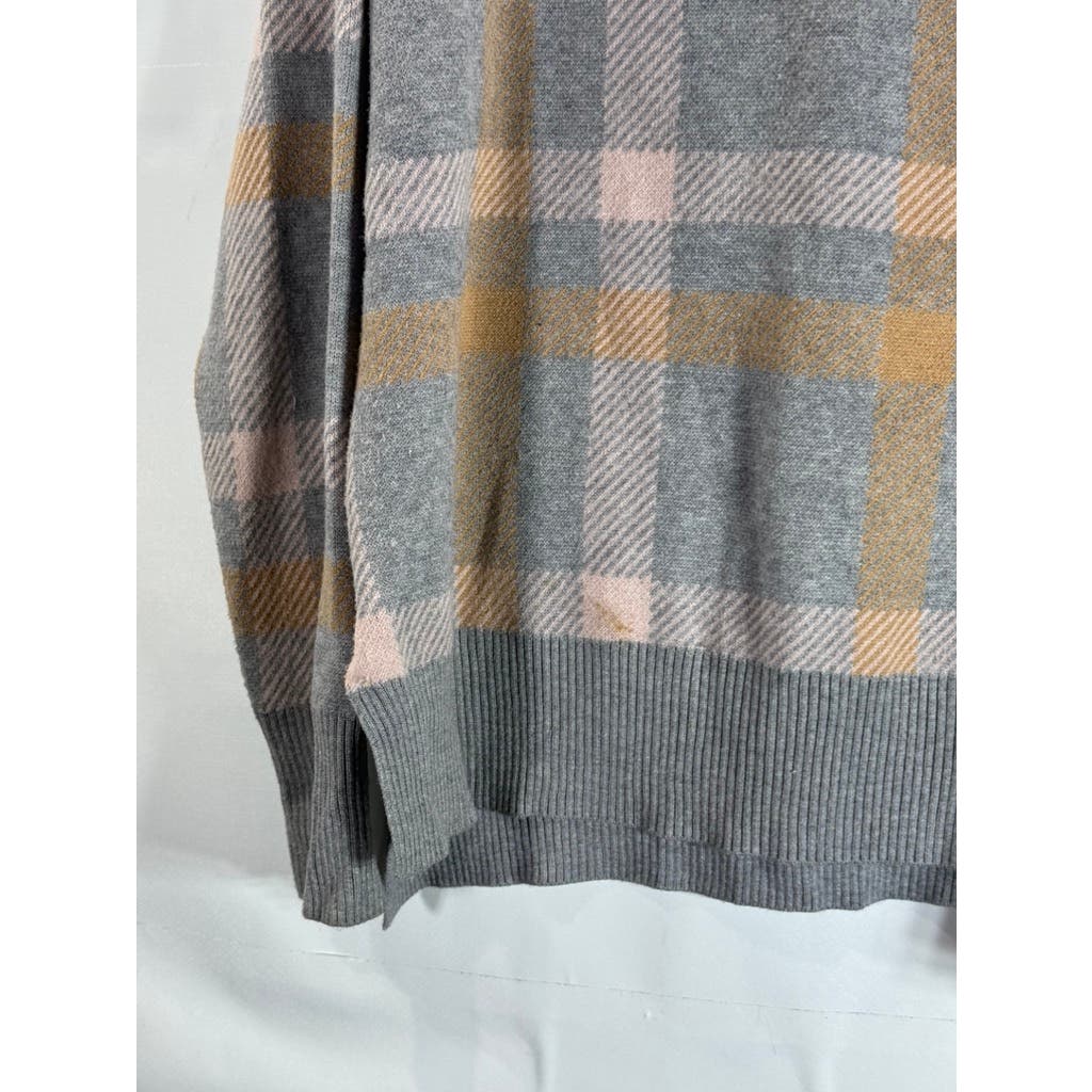 LAUNDRY By SHELLI SEGAL Women's Grey Multi Plaid Crewneck Side Slit Sweater SZ L