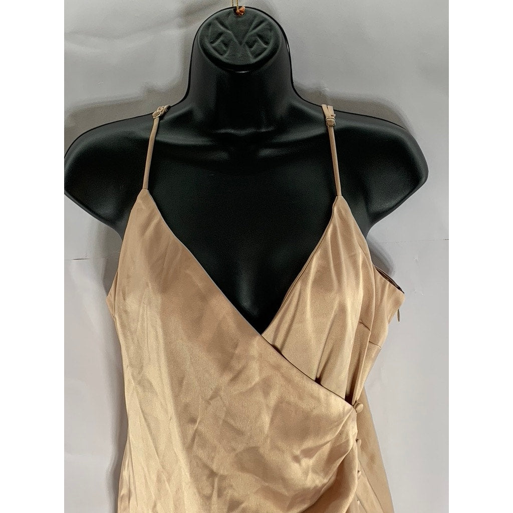 FOREVER 21 Women’s Gold Satin Button-Wrap V-Neck Adjustable Strap Mini Dress SZL