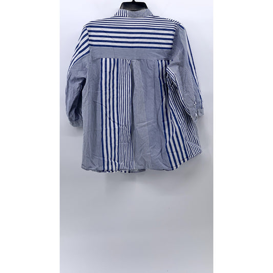 UNBRANDED Women's Blue-White Striped Button-Up Short Sleeve Top SZ L