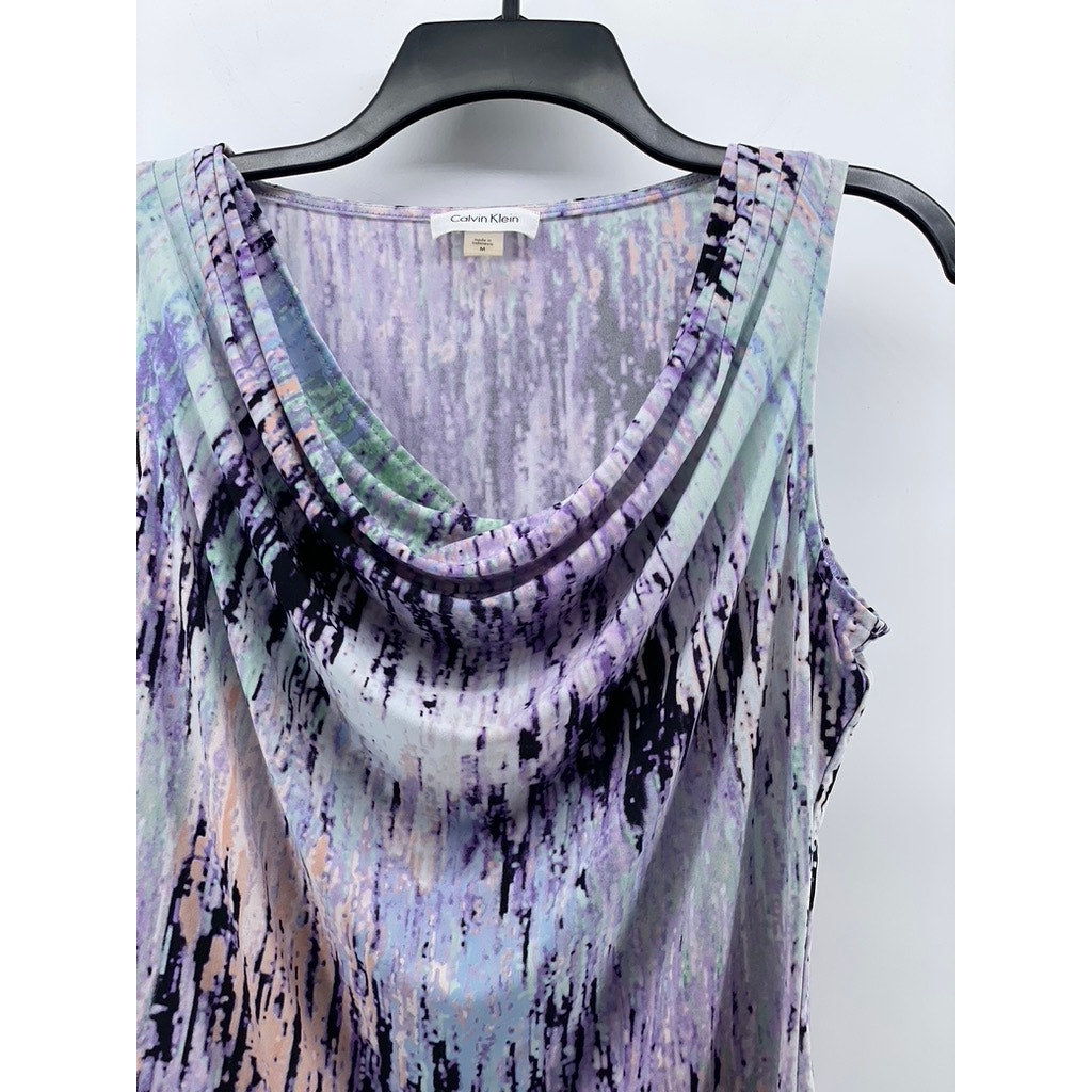 CALVIN KLEIN Women's Purple-Blue Printed Cowl Neck Sleeveless Top SZ M