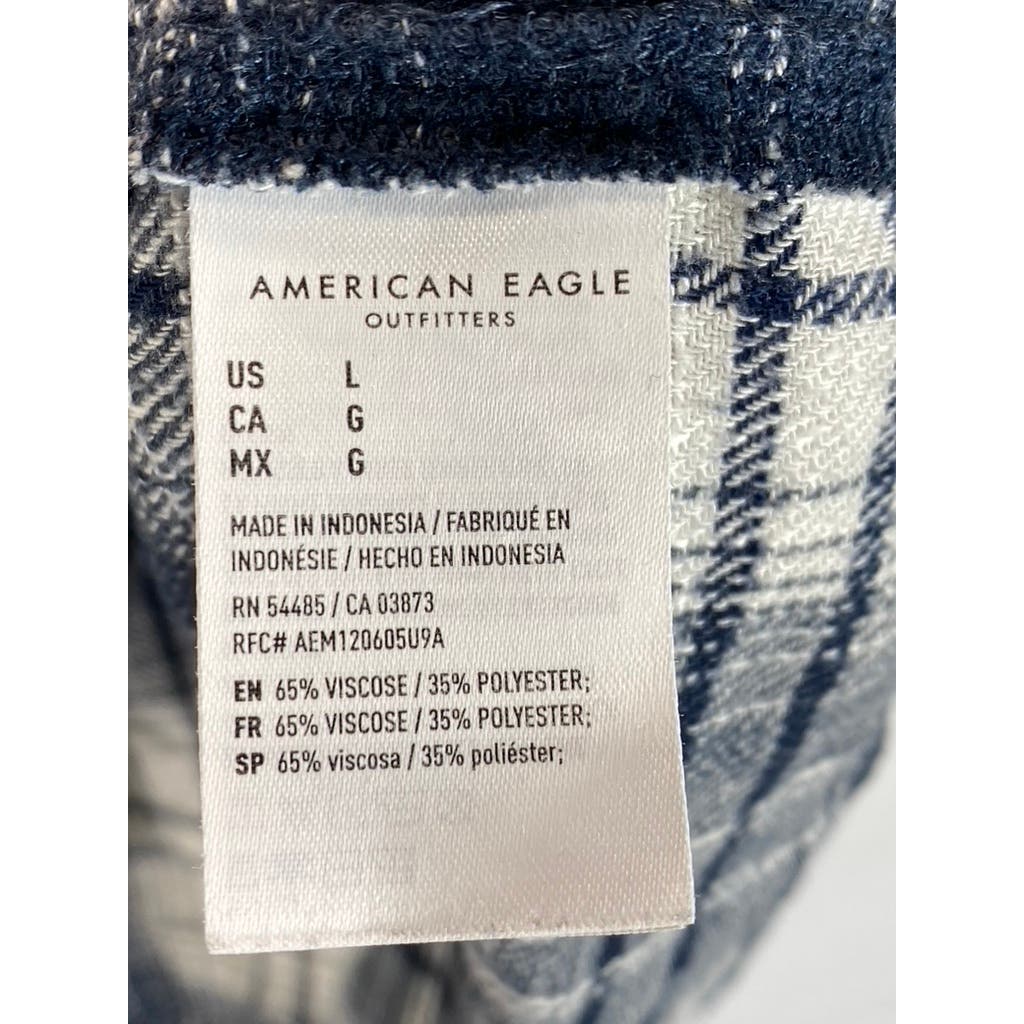 AMERICAN EAGLE Women's Navy/Gray Plaid Button-Up Long Sleeve Flannel Top SZ L