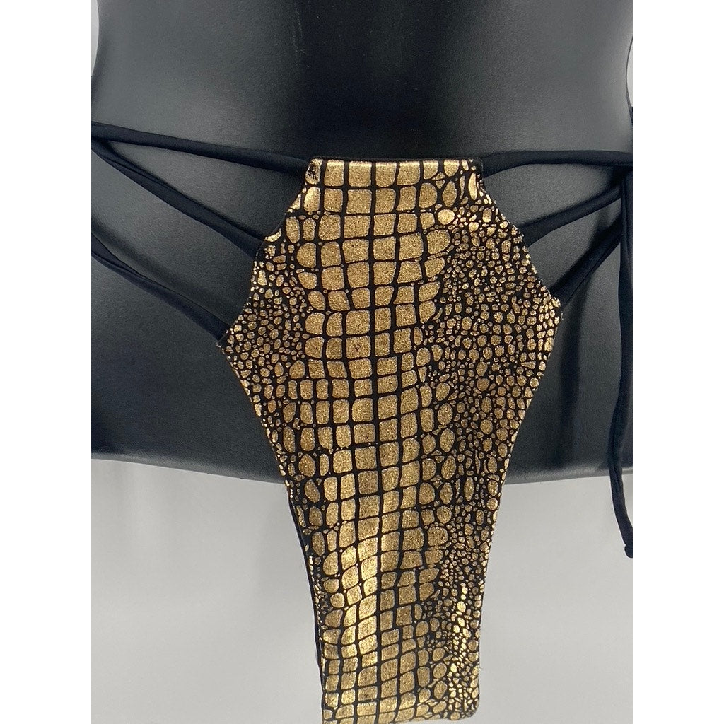 SHEIN Women's Black-Gold Snake Skin Strappy Side-Tie Bikini Bottom SZ L