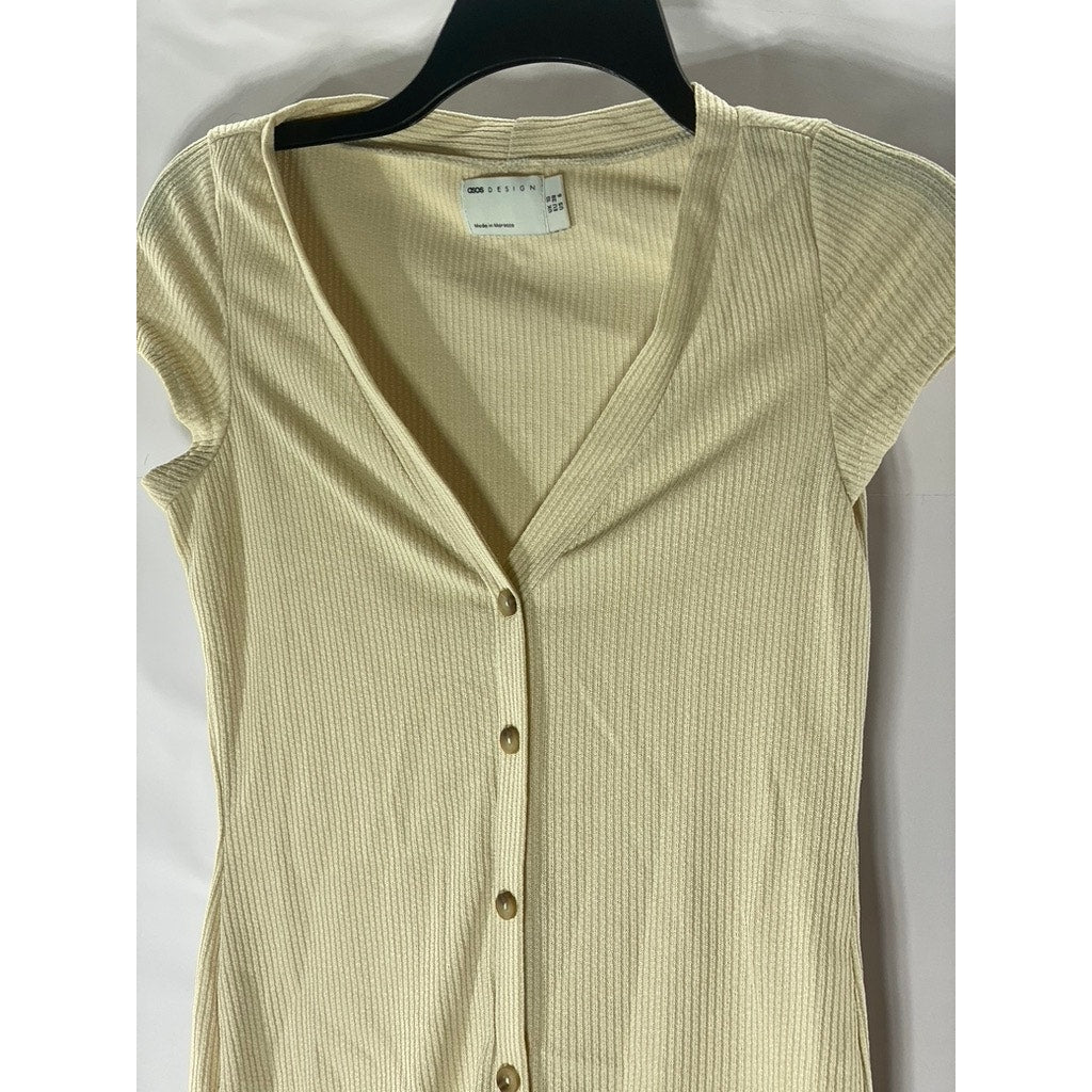 ASOS DESIGN Women’s Beige Ribbed Button-Up V-Neck Short Sleeve T-Shirt Dress SZ6