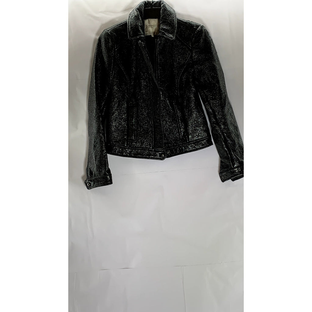 ZARA TRAFALUC Women's Black Faux-Leather Zip-Up Motorcycle Jacket SZ S