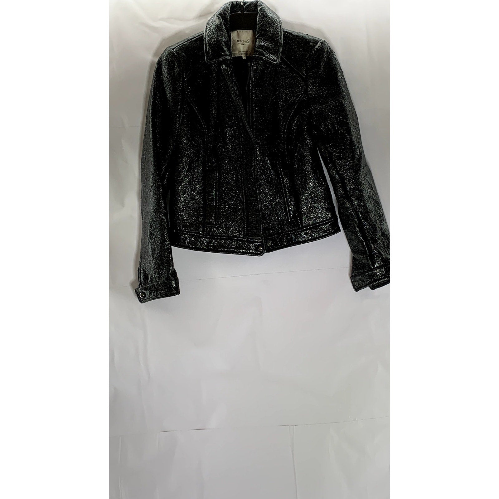 ZARA TRAFALUC Women's Black Faux-Leather Zip-Up Motorcycle Jacket SZ S