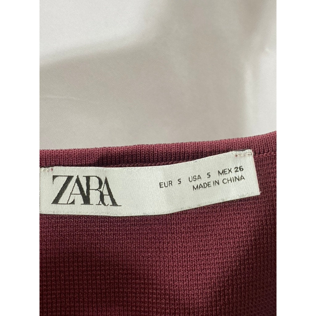 ZARA Women's Burgundy Textured Square-Neck Thick Strap Fitted Crop Top SZ S