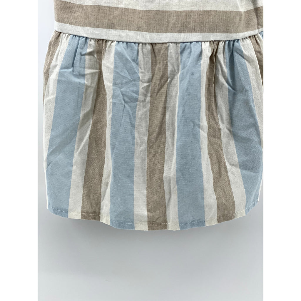 UNBRANDED Women's Blue-Tan Striped Straight-Neck Tie-Strap Ruffle Top SZ S