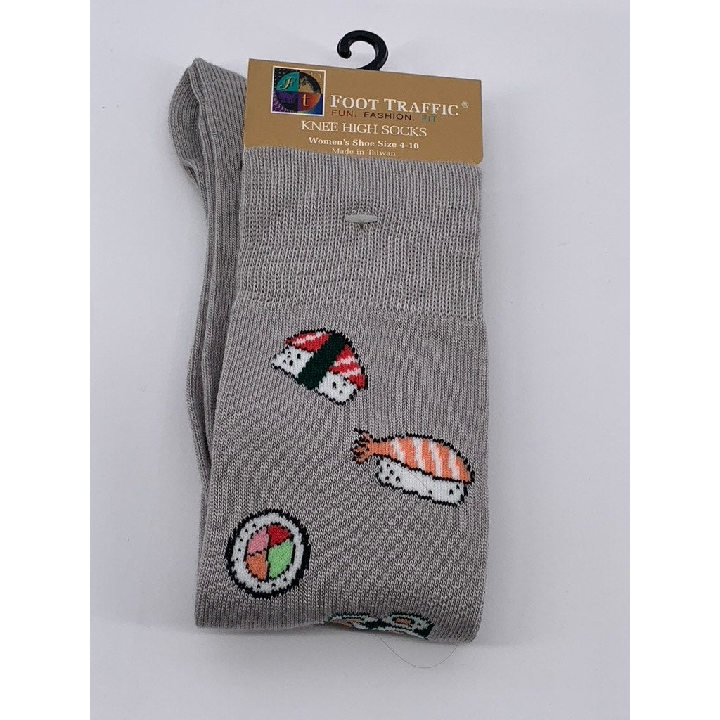 FOOT TRAFFIC Women's Light Gray Sushi Print Knit Pull-On Knee High Socks SZ OS