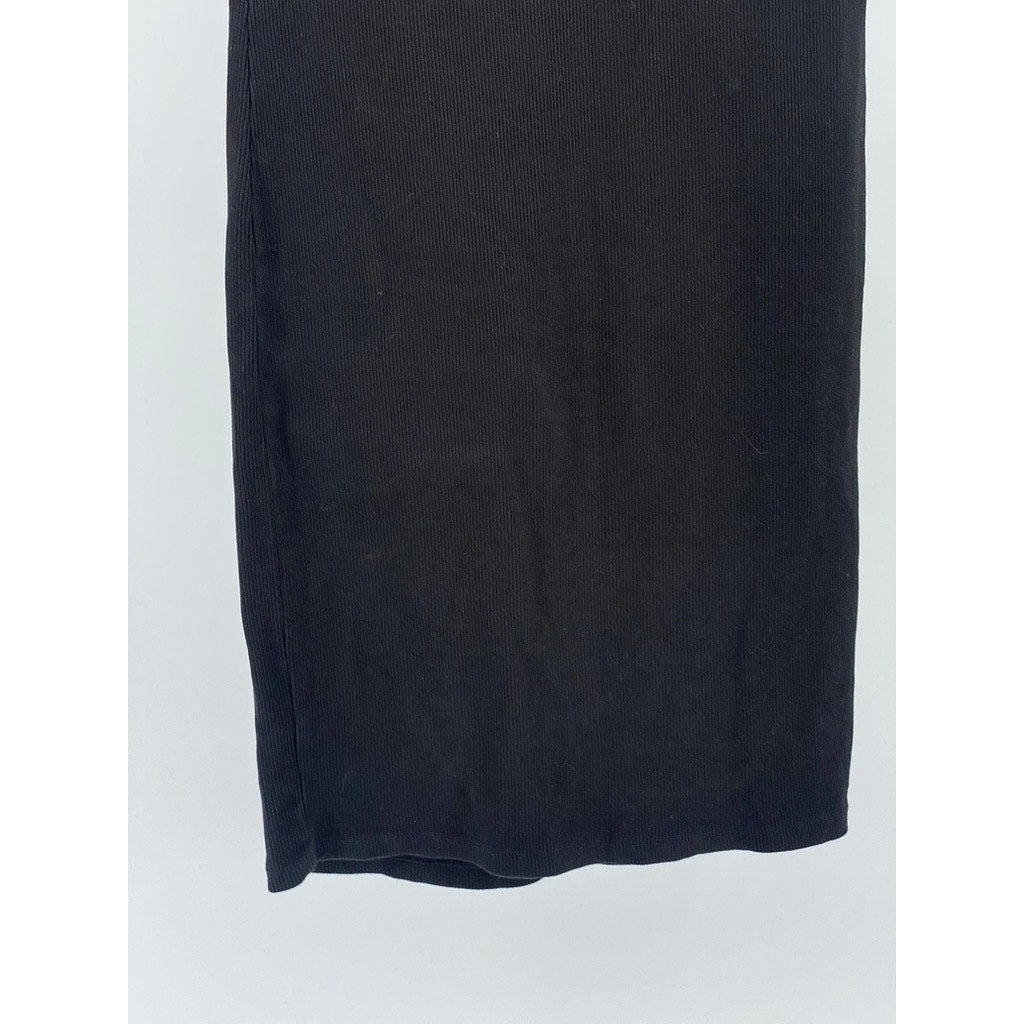 ZARA Women's Black Rib-Knit Crewneck Short Sleeve Casual Bodycon Midi Dress SZ S