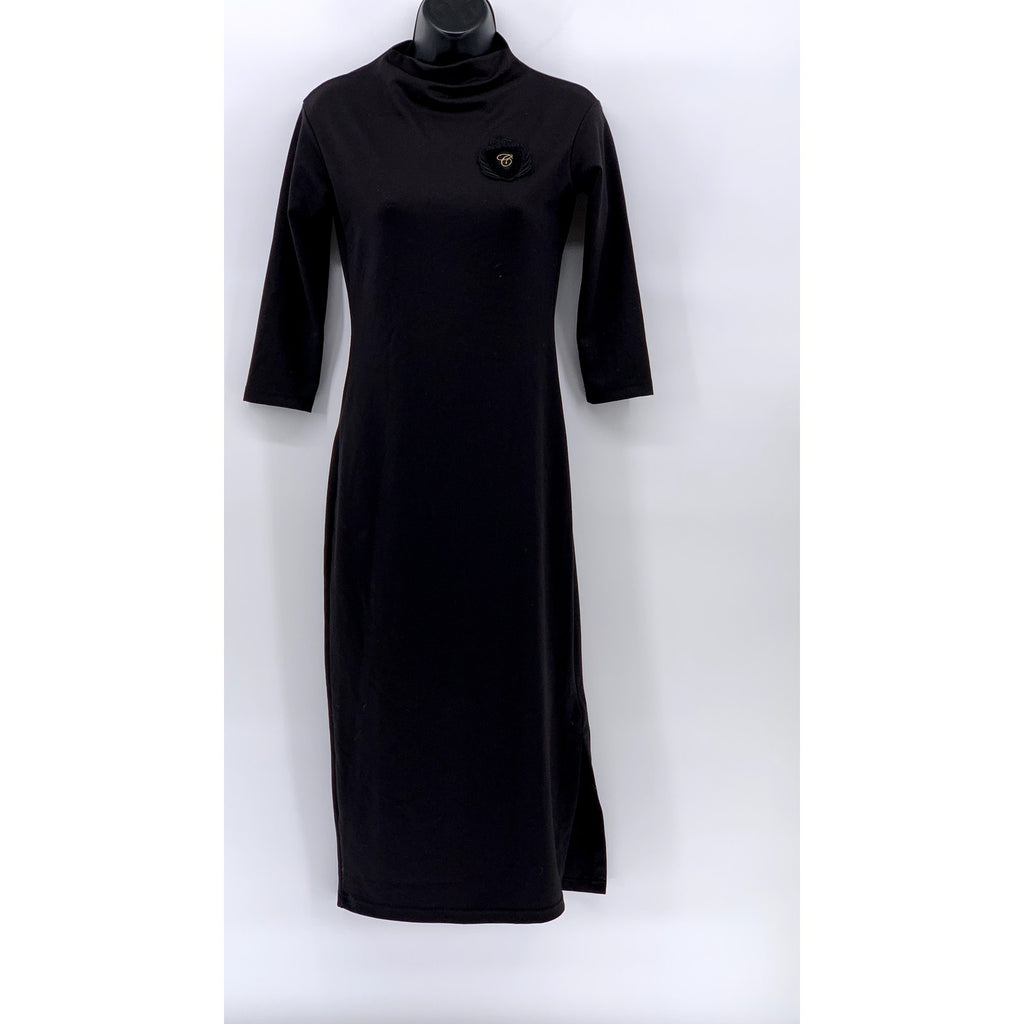 UNBRANDED Women's Black Embroidered Crown C Patch Mock-Neck Midi Dress SZ S