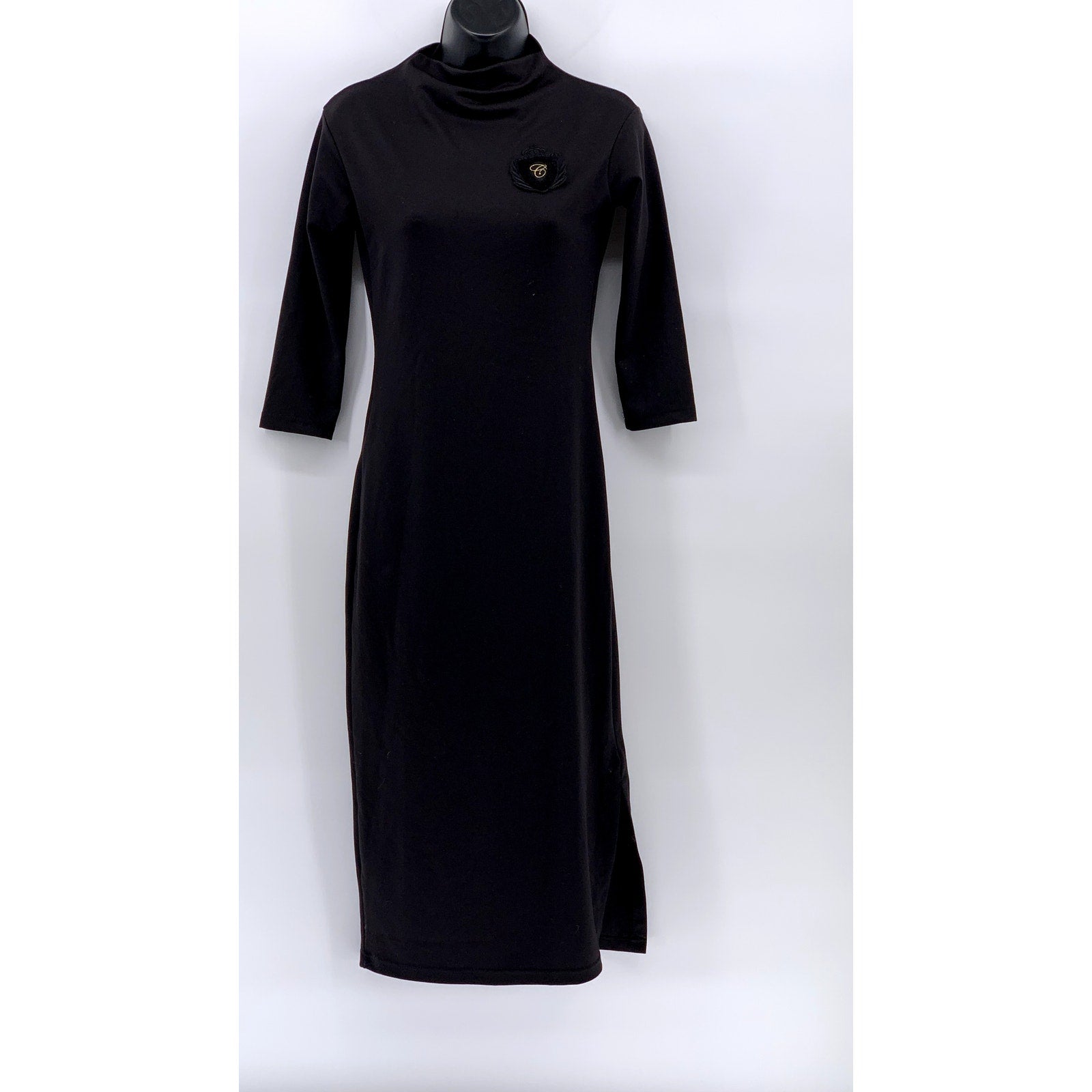 UNBRANDED Women's Black Embroidered Crown C Patch Mock-Neck Midi Dress SZ S