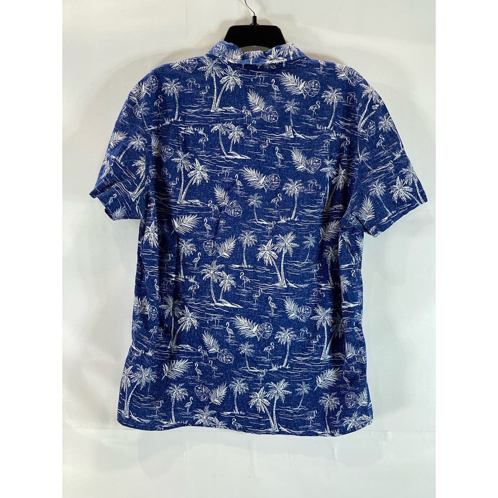 AMERICAN EAGLE Men's Blue Palm Tree Graphic Regular-Fit Button-Up Shirt SZ L