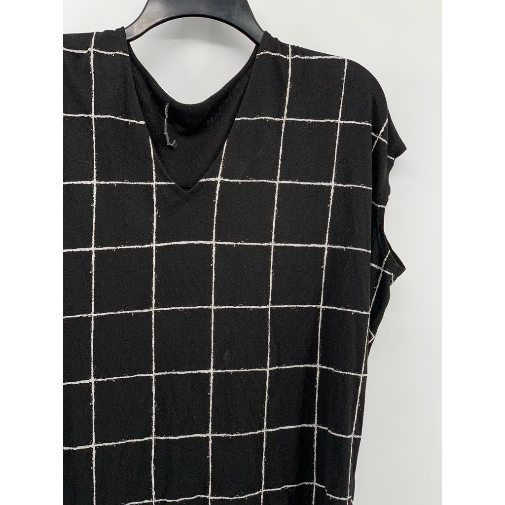 VINCE. Women's Black Windowpane V-Neck Top SZ 2XS