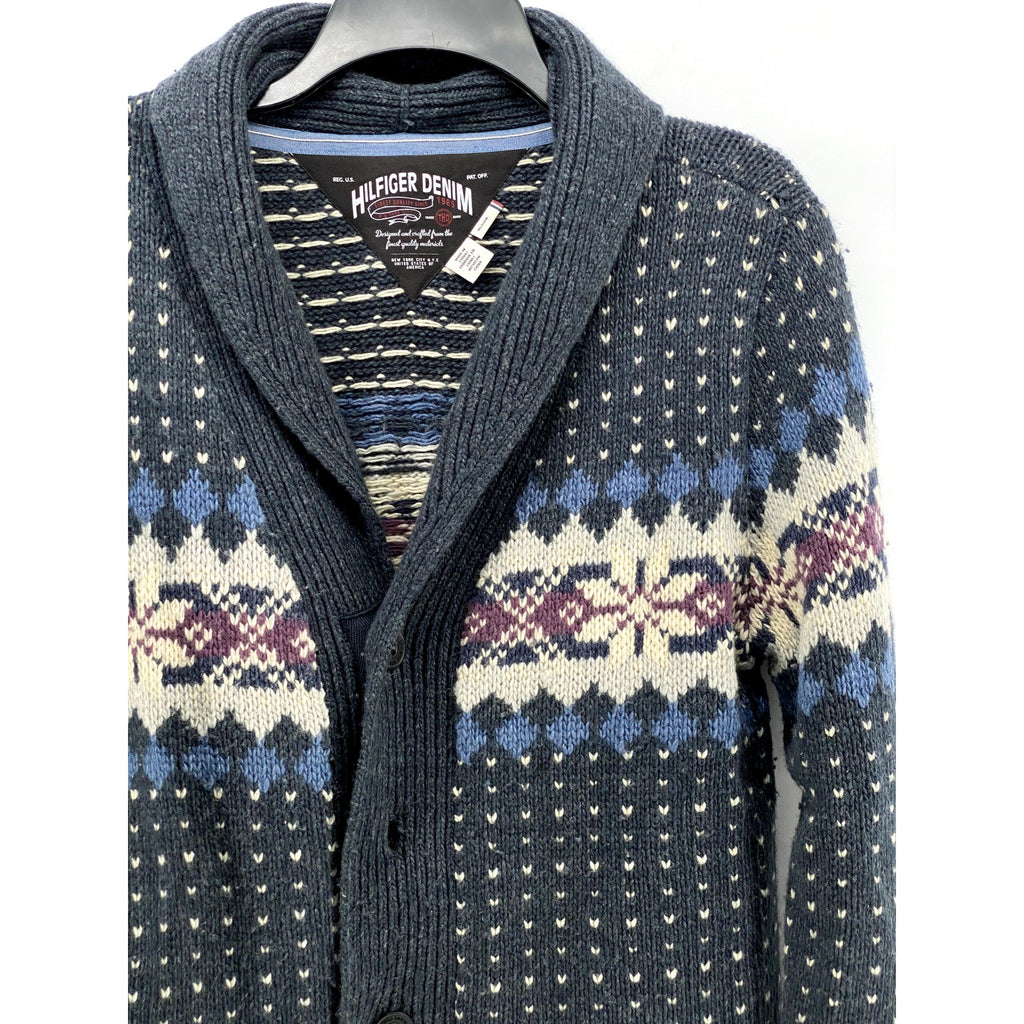 HILFIGER DENIM Men's Navy Fair Isle Knit Shawl Collar Button-Up Cardigan SZ M