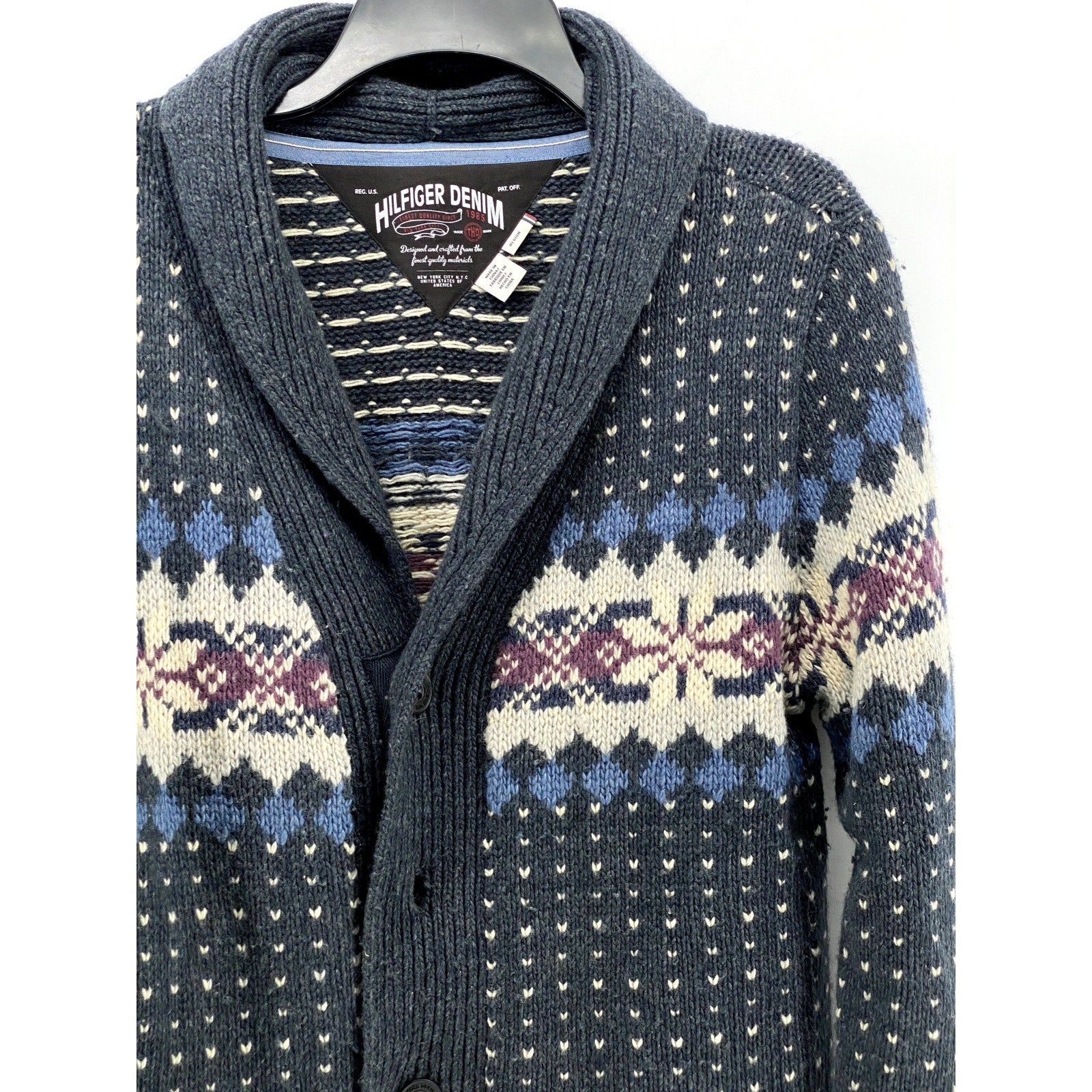 HILFIGER DENIM Men's Navy Fair Isle Knit Shawl Collar Button-Up Cardigan SZ M