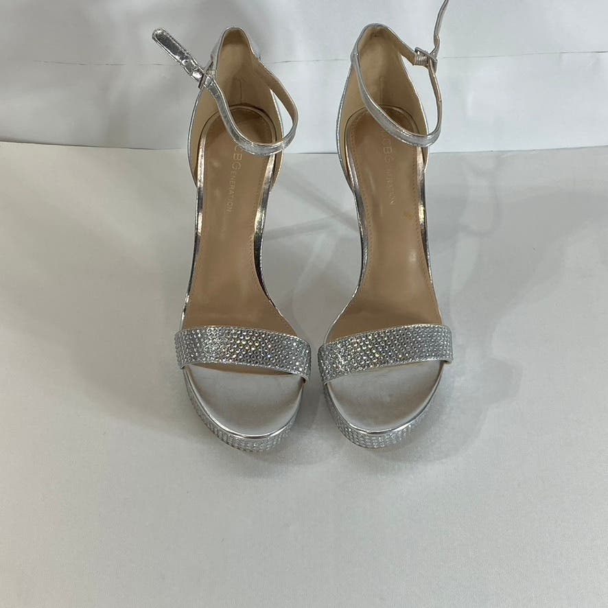 BCBGENERATION Women's Silver Rhinestone Embellished Nallah Platform Sandal SZ8.5