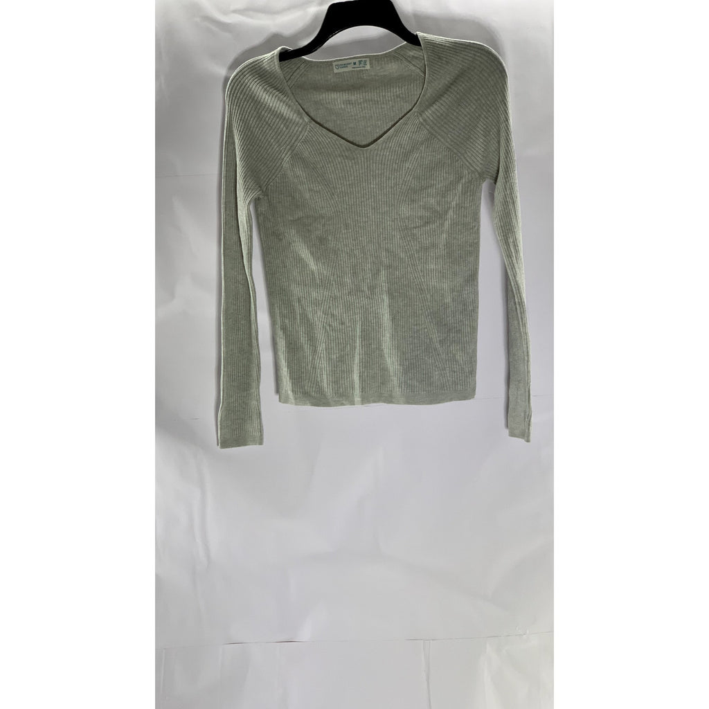 PRIMARK CARES Women's Light Grey Ribbed V-Neck Long Sleeve Top SZ M