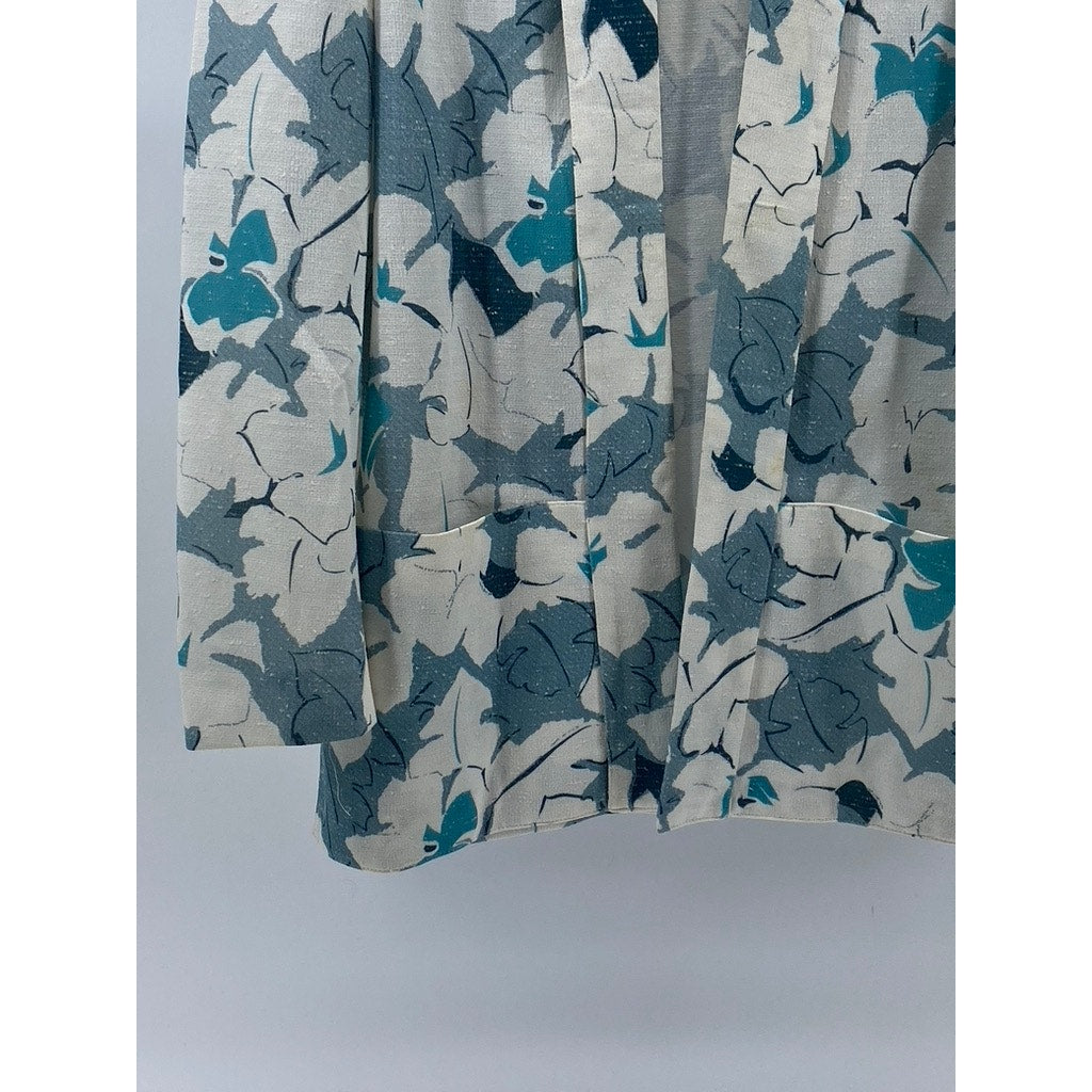 UNBRANDED Women's Blue-White Floral Print Open-Front Shawl Collar Blazer SZ L