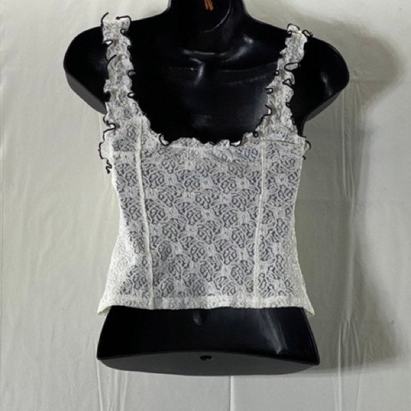 URBAN OUTFITTERS Women's White/Black Lettuce-Trim Floral Lace Tie-Front Top SZ S