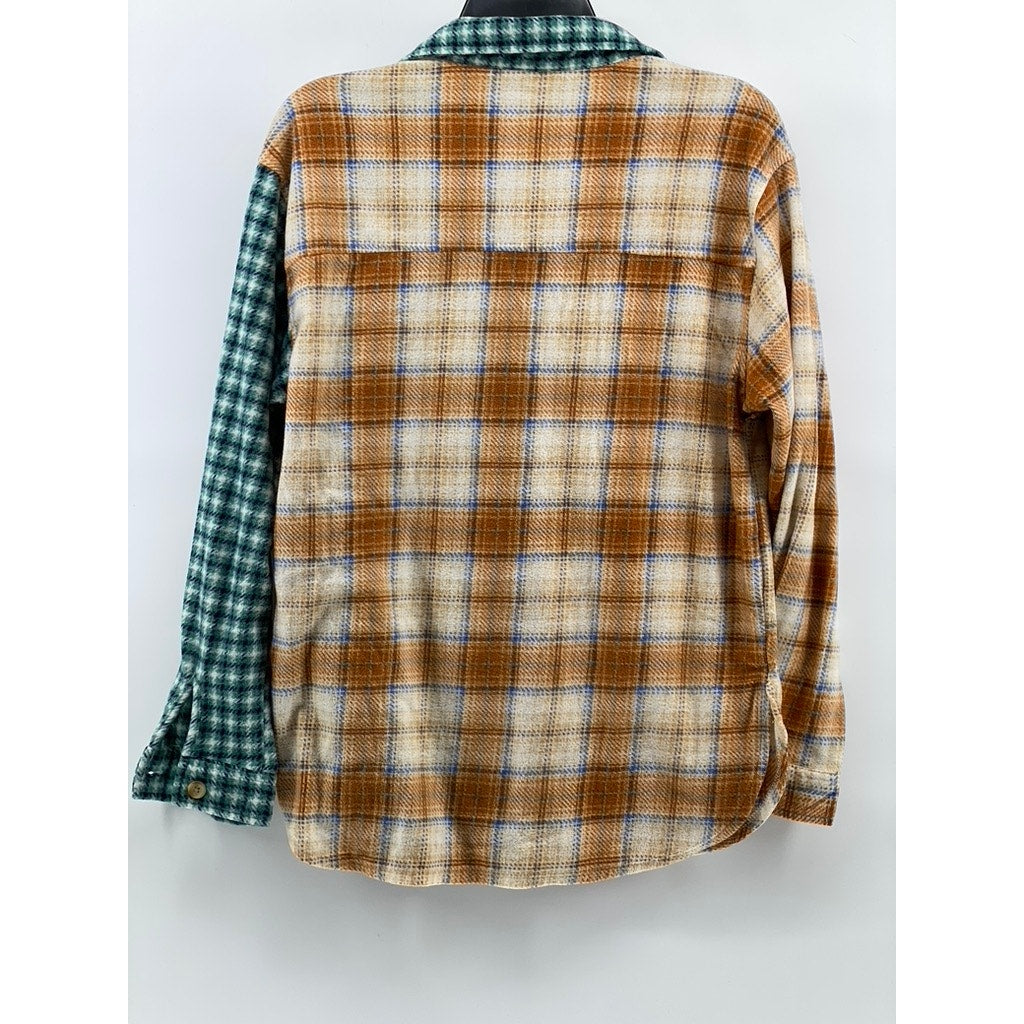 JUST POLLY NEW YORK Women's Brown-Green Plaid Colorblock Button-Up Top SZ M