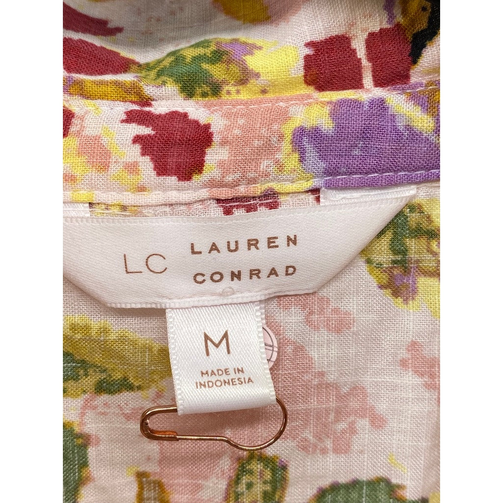 LC LAUREN CONRAD Women's Beige Floral Mock-Neck Button-Up Long Sleeve Top SZ M
