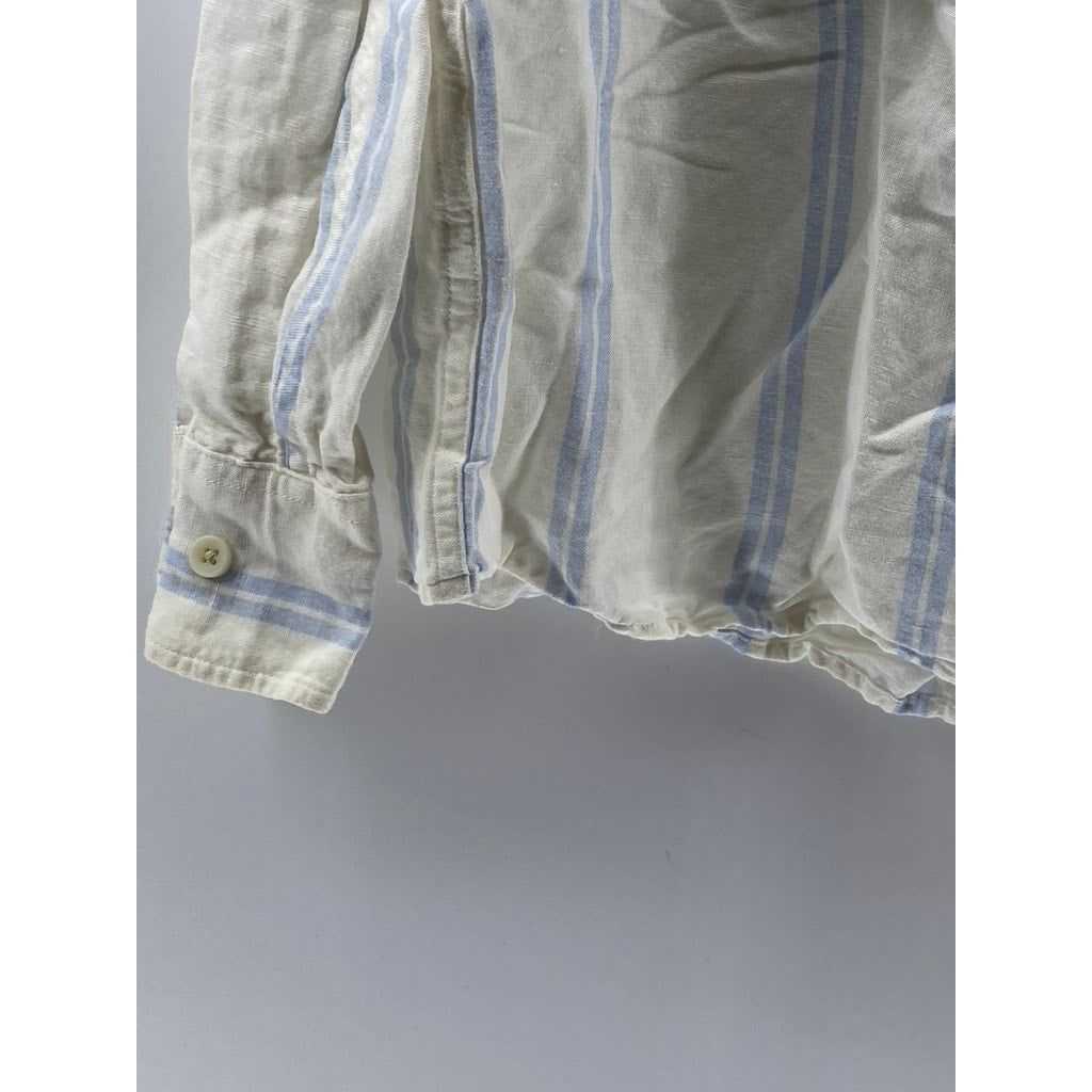 ZARA Men's White-Blue Striped Linen-Blend Button-Up Long Sleeve Top SZ M
