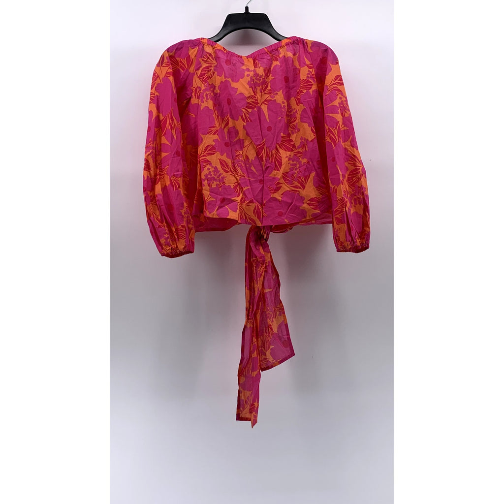 OLIVACEOUS Women's Orange-Pink Floral Puff Long Sleeve Tie-Front Top SZ S