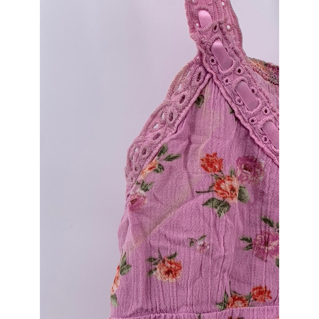JUST POLLY Juniors' Pink Floral Printed Ribbon Trim Top SZ M