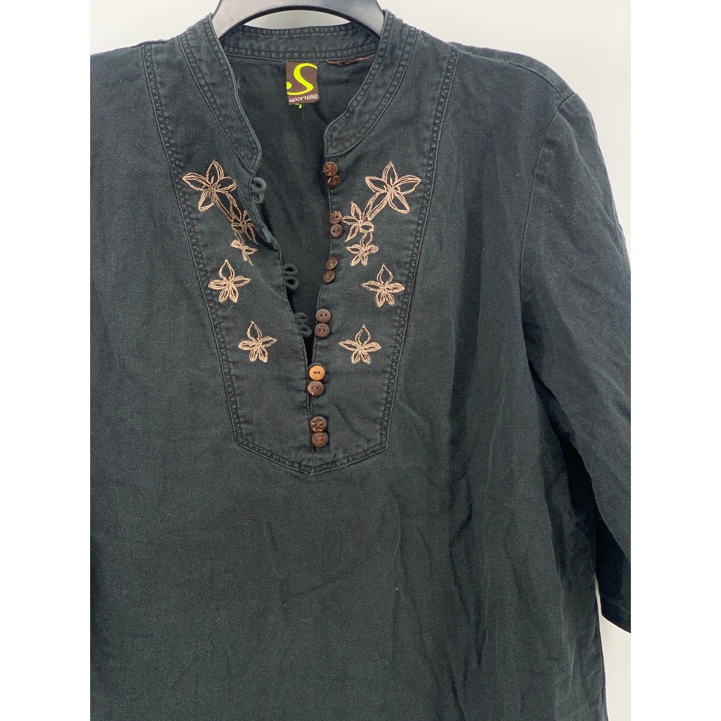 SPORTELLE Women's Black Floral Embroidered 3/4 Sleeve Pullover Top SZ M