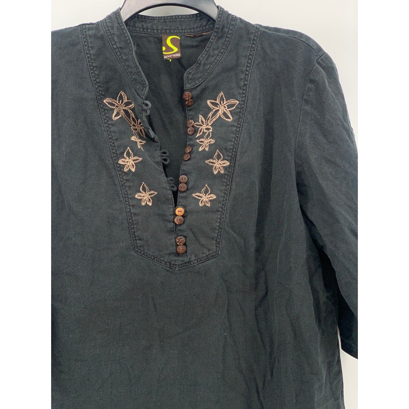 SPORTELLE Women's Black Floral Embroidered 3/4 Sleeve Pullover Top SZ M
