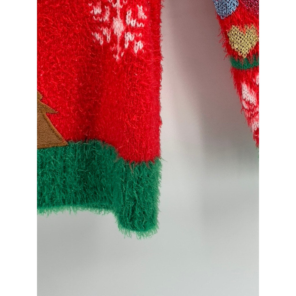 HOLIDAY TIME Girls' Plus Red-Green Faux-Fur Reindeer Knit Sweater SZ L(10/12)