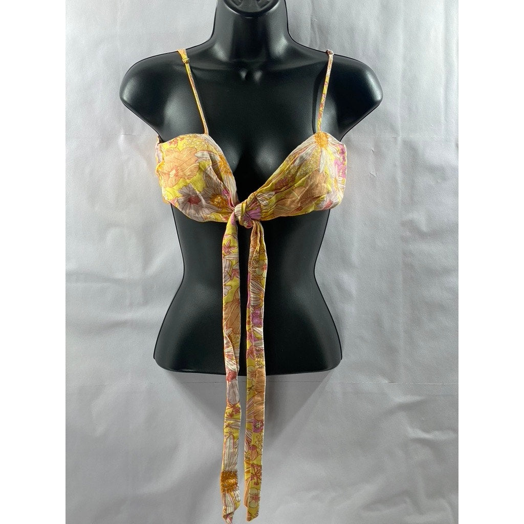 H&M Women's Orange Floral Print Linen-Blend Tie-Front Bralette Top SZ S