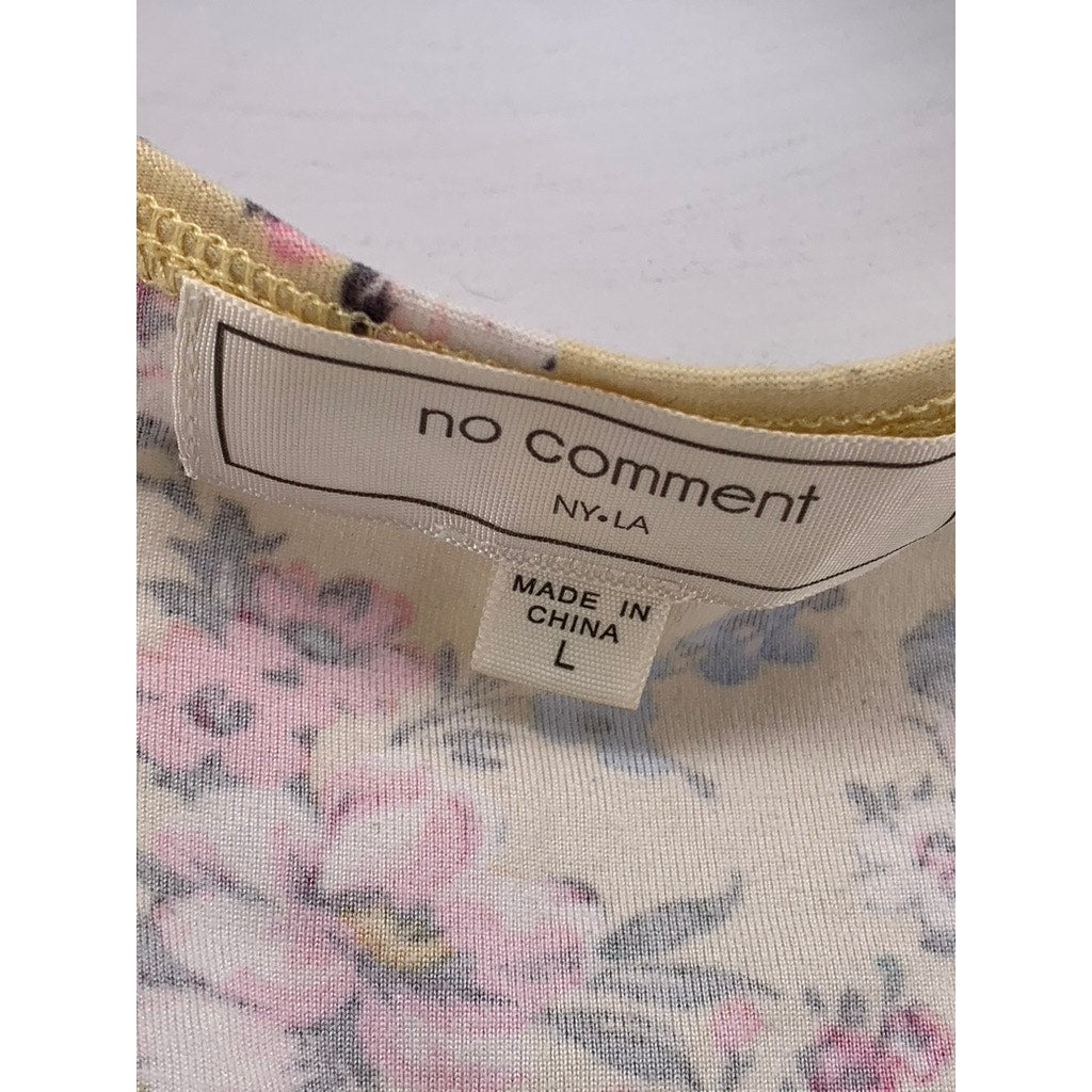 NO COMMENT NY LA Women's Tan Floral V-Neck Cutout Sleeveless Top SZ L