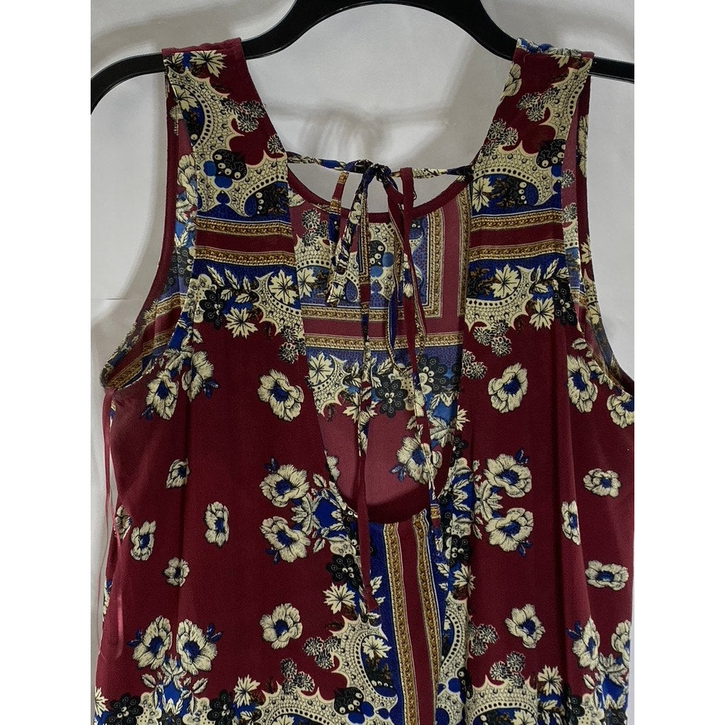 JODIFL Women's Burgundy-Beige-Blue Printed Scoop-Neck Tank Mini Dress SZ M