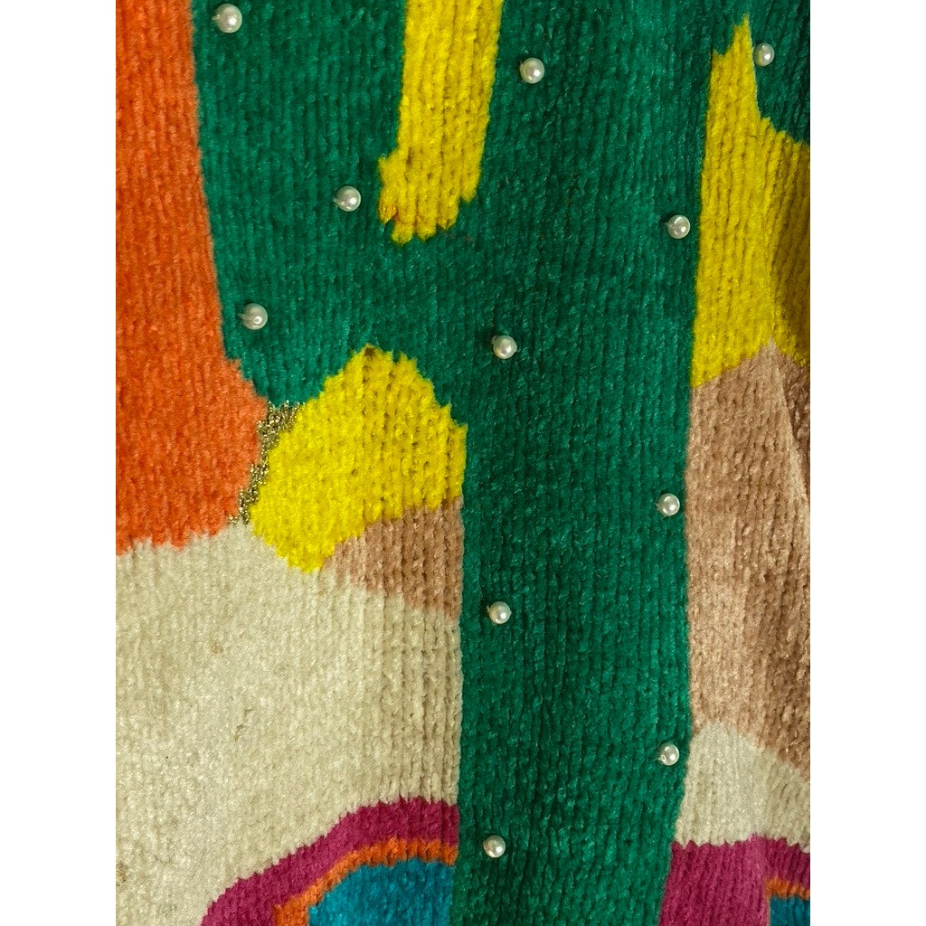 FANTASTIC FASHION Women's Yellow-Multicolor Faux Pearl Cactus Knit Sweater SZ S