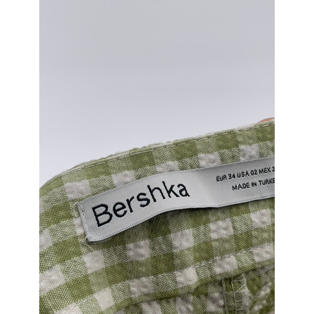 BERSHKA Women's Green-White Gingham Kick Flare Pocketless Split Hem Pant SZ 2