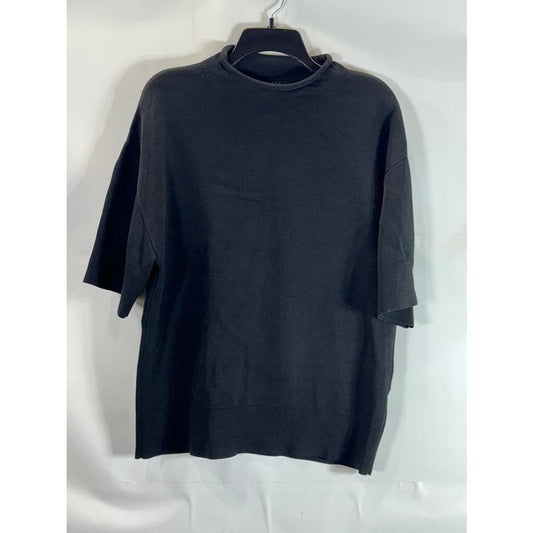 COS Women's Black Wool-Blend Rolled Mock Neck Short Sleeve Oversized Top SZ S