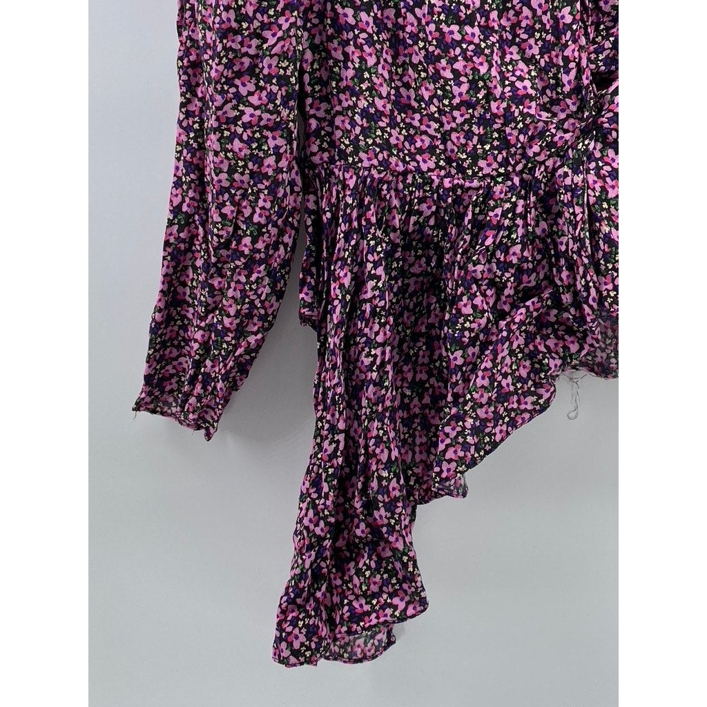 UNBRANDED Women's Pink Floral Print V-Neck Long Sleeve Top SZ M
