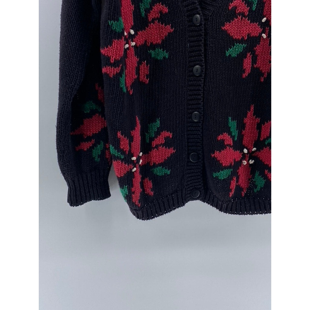 LAUREN GREY Women's Vintage Black-Red Poinsettia Knit Button-Up Cardigan SZ M