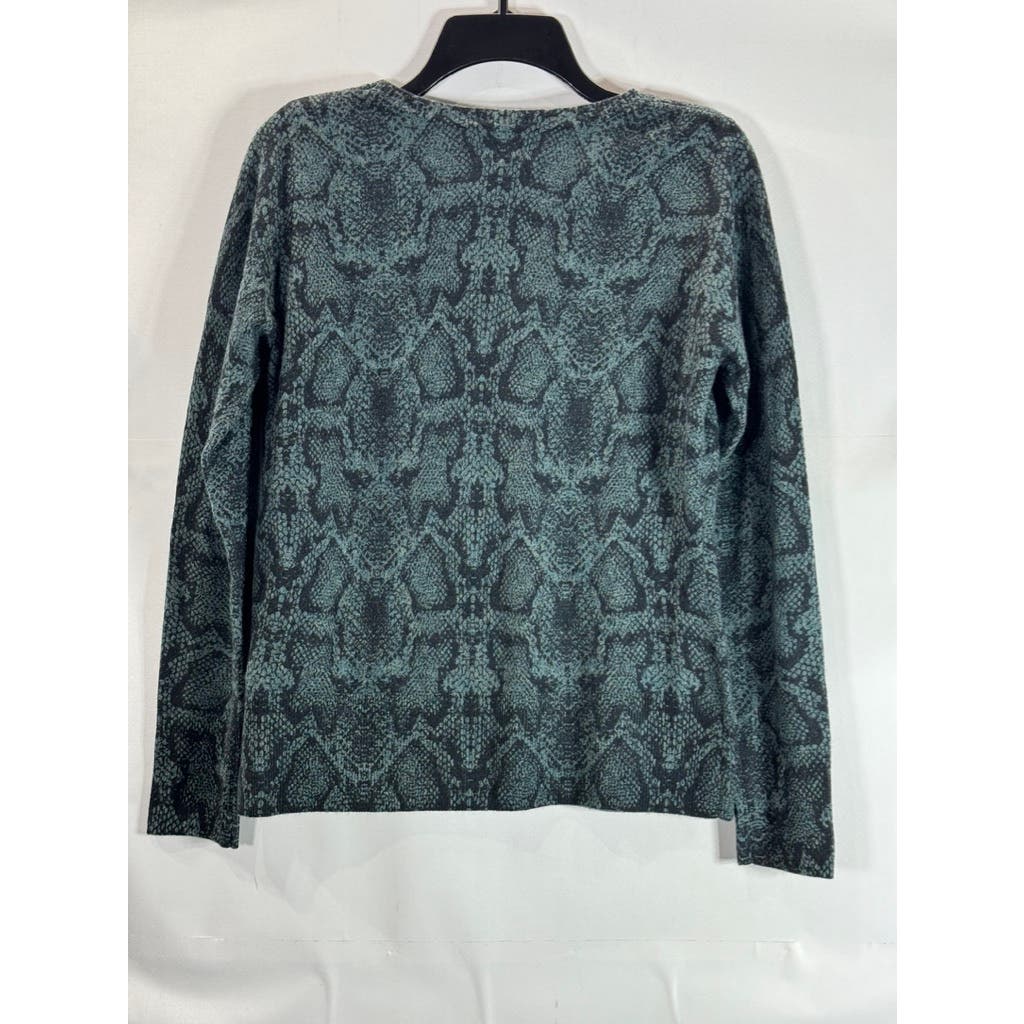 NICOLE MILLER Women's Green Snakeskin Print Crewneck Cashmere Sweater SZ M