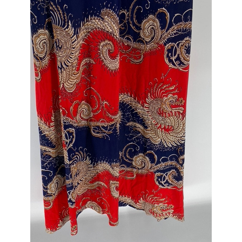 RICHARD SHOPS Women's Red-Navy Dragon Print Henley Long Sleeve Maxi Dress SZ 14