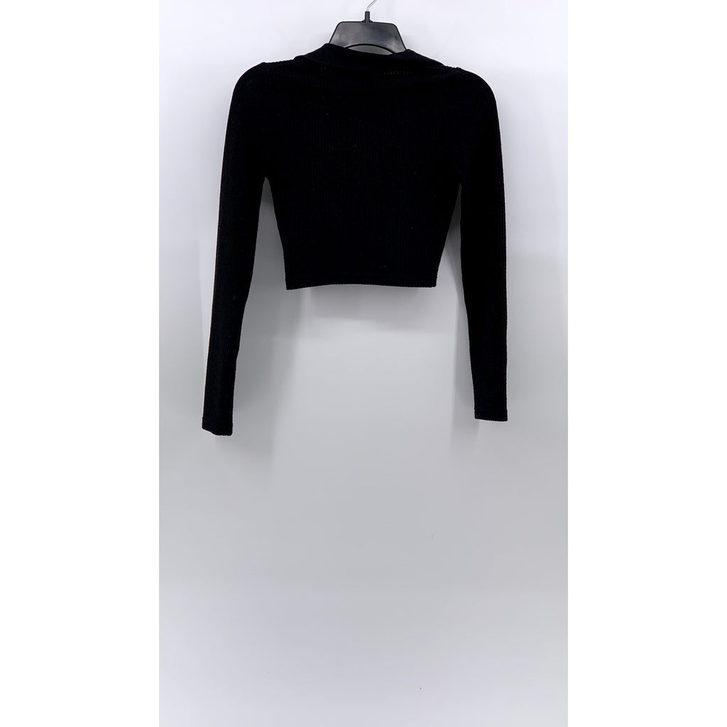 DIVIDED By H&M Women's Black Ribbed Split-Neck Long Sleeve Cropped Polo Top SZXS