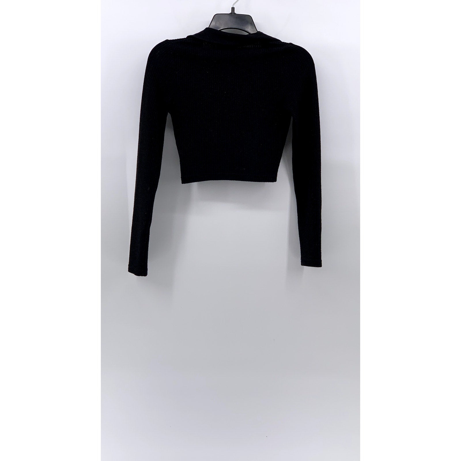 DIVIDED By H&M Women's Black Ribbed Split-Neck Long Sleeve Cropped Polo Top SZXS