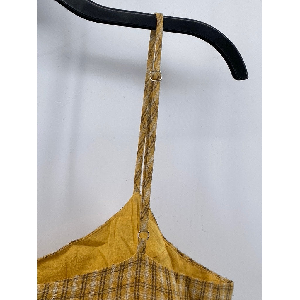 URBAN OUTFITTER Women's Mustard Yellow Emma Plaid Straight-Neck Mini Dress SZ 4