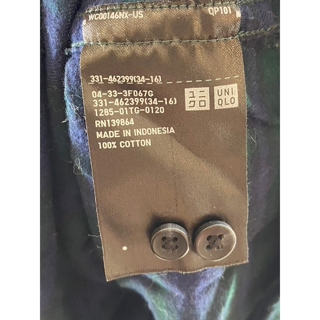 UNIQLO Men's Dark Green-Blue Checkered Regular-Fit Button-Up Flannel Shirt SZ S