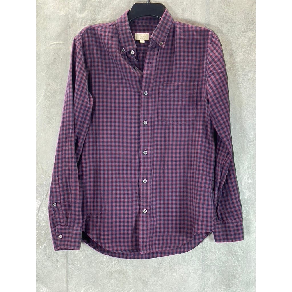 CLUB MONACO Men's Burgundy Gingham Slim-Fit Button-Up Long Sleeve Shirt SZ S