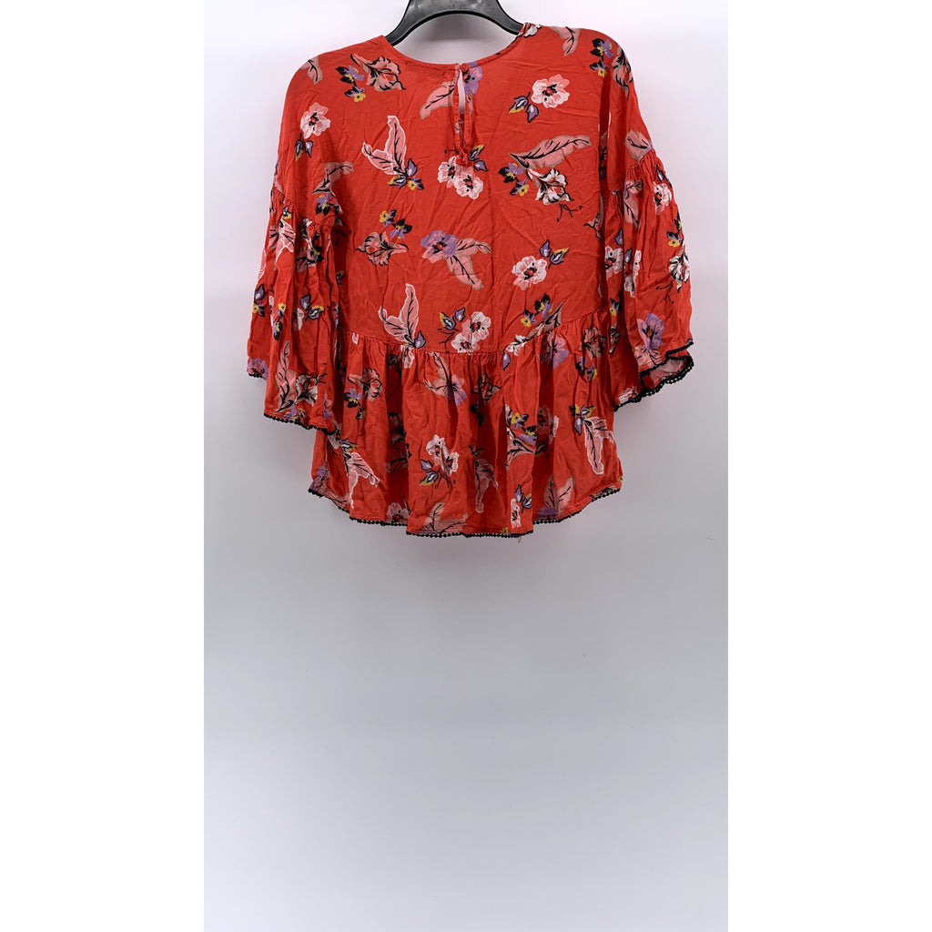JACHS GIRLFRIEND NEW YORK Women's Red Floral Ruffle Crochet-Trim Blouse SZ XS