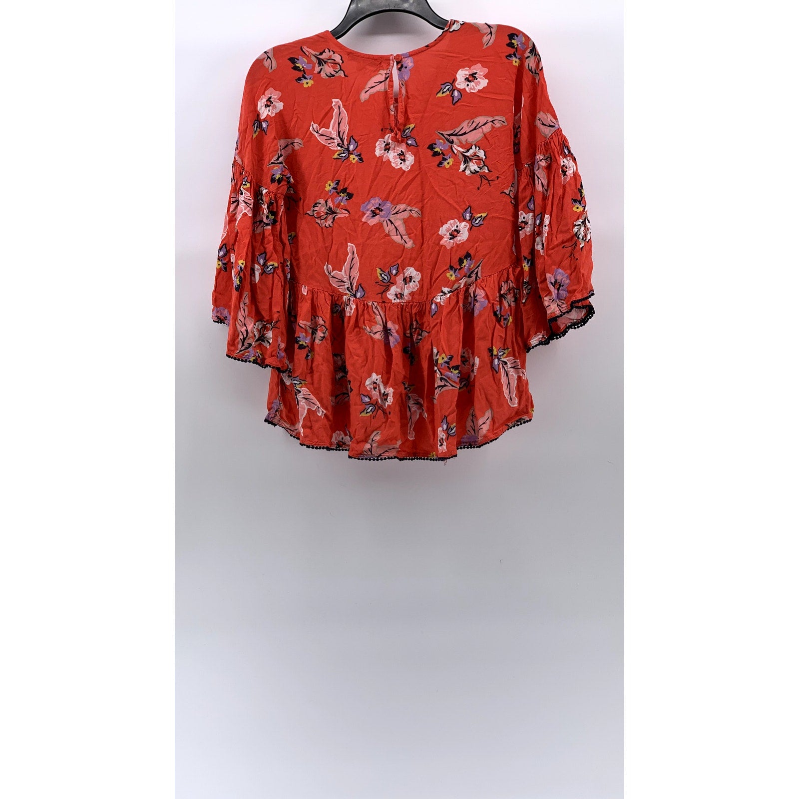 JACHS GIRLFRIEND NEW YORK Women's Red Floral Ruffle Crochet-Trim Blouse SZ XS